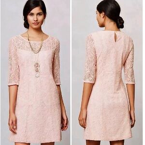 Anthropologie Maeve Lefkara Lace Dress Blush Pink 3/4 Sleeve Pockets Size M